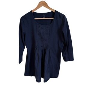 Van Heusen Pleated Top 3/4 Sleeve Scoop Neck Blouse Casual Navy L‎